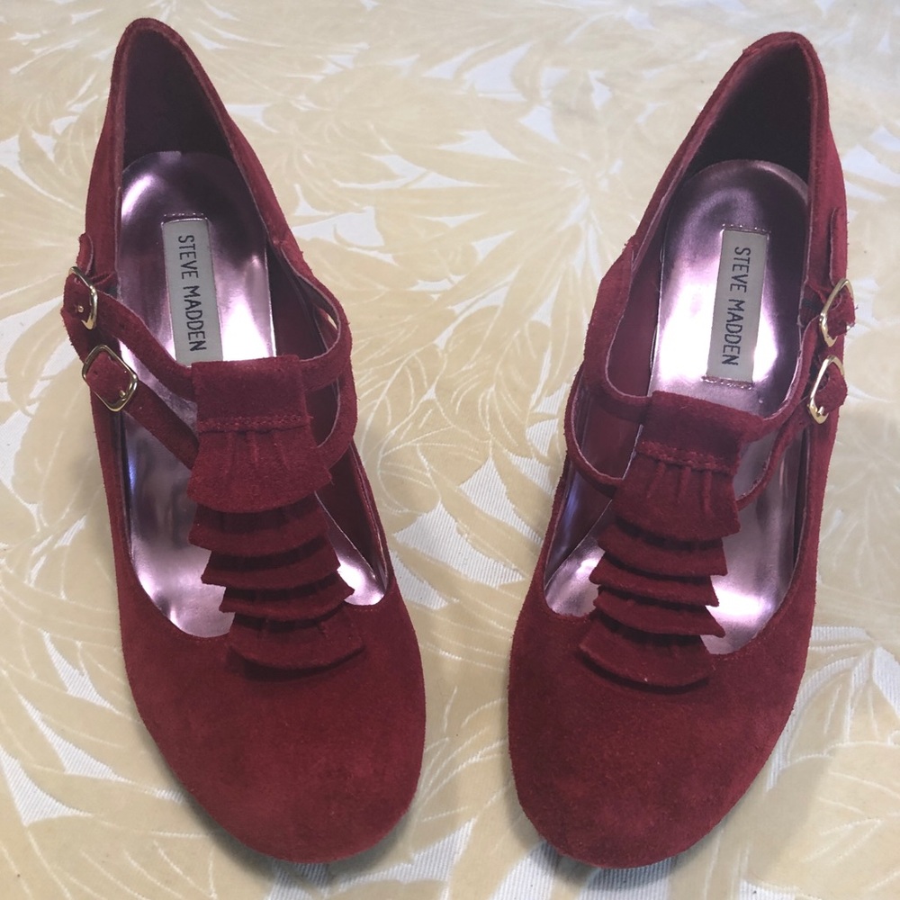 Steve Madden “Imperial” Red Suede T-Strap Pump 8